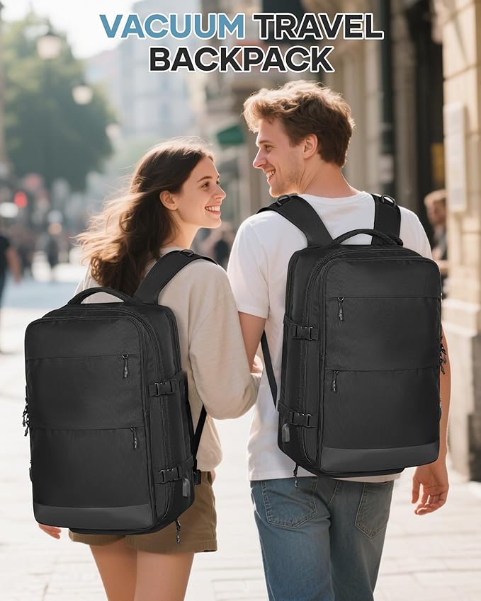 Vacuum Travel Backpack with Pump for Women, Personal Item Carry on Backpacks Flight Approved 18x14x8 inches for Men,Laptop Waterproof Work Compression bags Casual Daypack,Black.