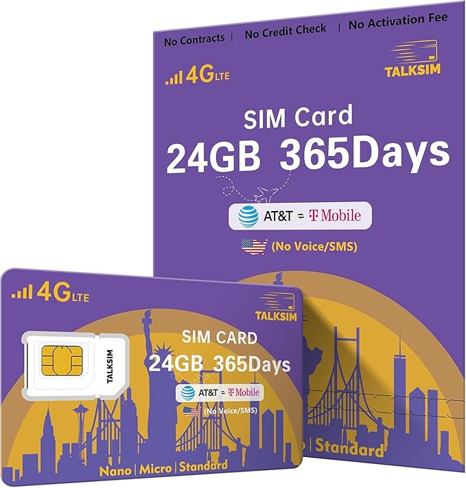 Data SIM Card 24GB for 365Days Support AT&T, T-Mobile, 4G LTE USA SIM Compatible with Unlocked Security Camera/Router/Mobile WiFi Hotspot/Tablet/Hunting Trail Camera iot Devices