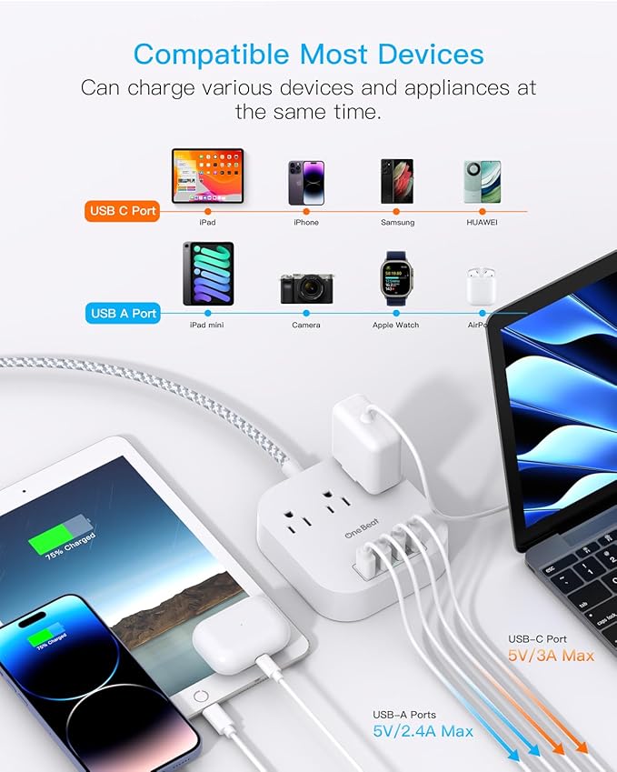 One Beat Power Strip with USB C, 3 Outlets 4 USB Ports (22.5W/4.5A) Desktop Charging Station, Flat Plug, 5ft Braided Extension Cord, Non Surge Protector for Travel, Cruise Ship, ETL Listed