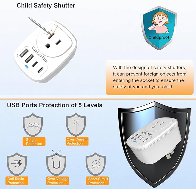 2 Packs Type I Australian Plug Adapter, VooLerTun Timor Argentina Travel Plug Adapter with 4 USB Charger Ports (2 USB C),1 American Outlet Adapter. US Converter for Australia Travel