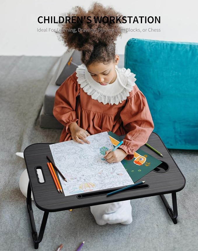 Laptop Bed Desk, Foldable Lap Table, Portable Study Table, Laptop Stand with Cup Holder & Tablet Slot & Lifting Handle for Working Writing Drawing & Eating - Dark Black