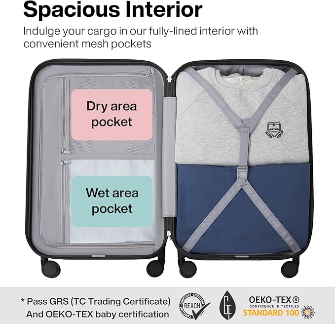 mixi Upgrade Luggage Suitcases with Spinner Wheels, Large Hardside Rolling Suitcase PC with TSA Lock Travel Case 26in Checked in, Fine Grid Black