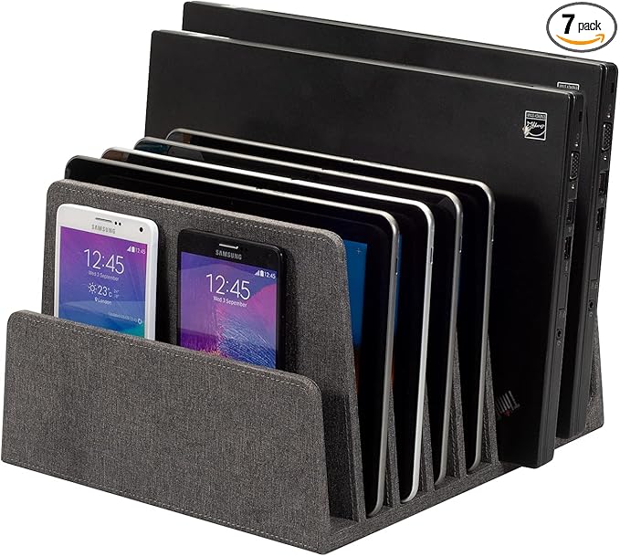 MobileVision Executive Dark Gray Device Organizer for Smartphones, Tablets and Laptops, 7 Slots with Extra Wide Slots for Laptops