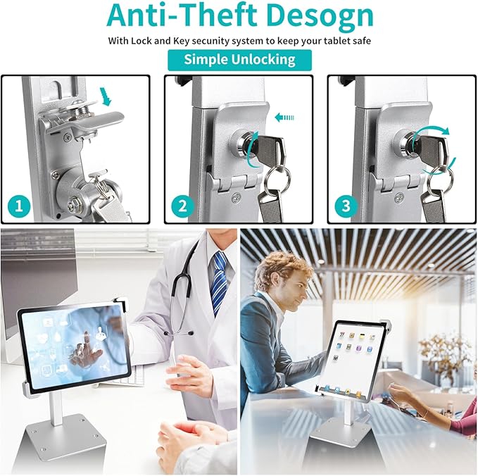 Anti Theft Tablet Stand for Desktop, Security Tablet Mount Retail Kiosk POS, Heavy Duty Metal Tablet Holder with Lock for 7-11" Tablets, iPad Pro Air Mini, Galaxy Tabs, Surface etc