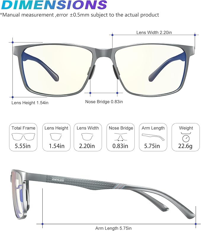 ANYLUV Blue Light Glasses Men, Relieve Eyestrain and Eye Protection, Al-Mg Metal Computer Blue Light Blocking Glasses