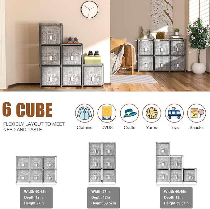 Cube Storage Organizer Shelf with 6 Printed Bins + Labels, Cubby Storage Organizer with Bins, Large Capacity Shelves for Storage,Closet, Living Room, Dorm, Yarn