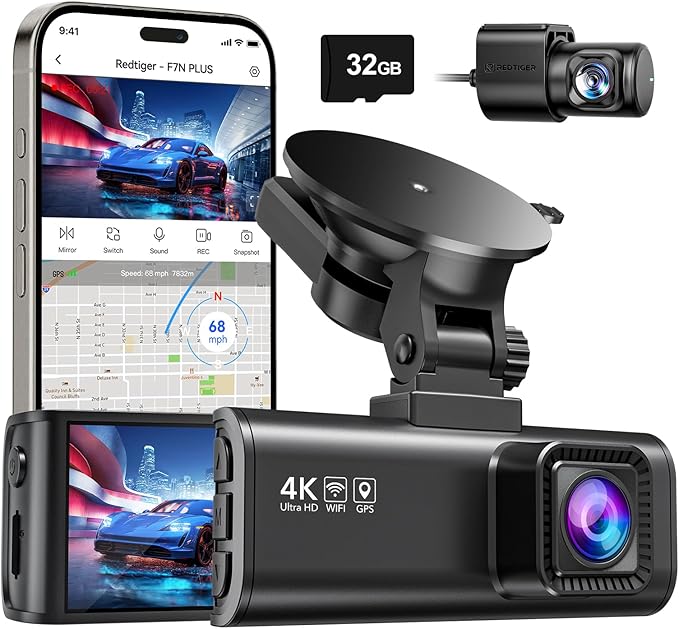 REDTIGER Dash Cam Front Rear, 4K/2.5K Full HD Dash Camera for Cars, Included 32GB Card, Built-in Wi-Fi GPS, 3.16” IPS Screen, Night Vision, 170°Wide Angle, WDR, 24H Parking Mode(F7NP)