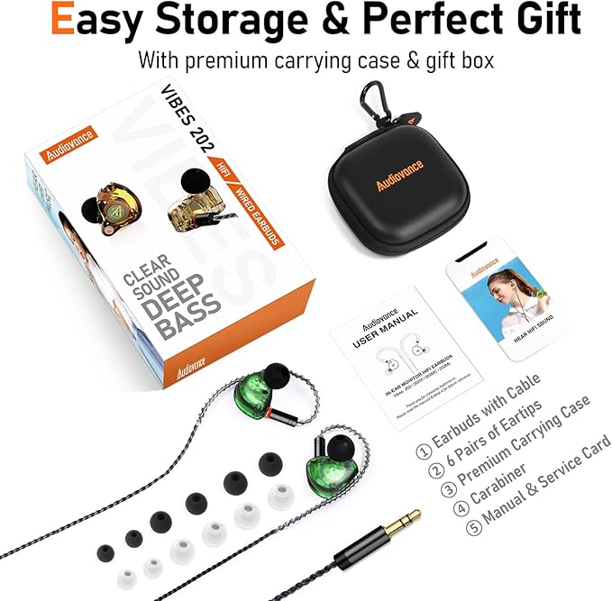 Vibes 202 Wired Earbuds - HiFi in Ear Monitor Headphones – Professional Noise-Isolating Ear Buds - Clear Sound, Deep Bass & Comfort-Fit IEM Earphones - MMCX to 3.5mm, Silver Plated Cord, Carrying Case