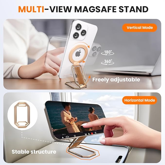 (2025 Newest) 4-in-1 Magnetic Phone Grip Stand for MagSafe with Finger Strap Loop,Removable Ring Holder for iPhone 17 Pro Max 16 15 14 13 12,Kickstand for Hands-Free View at Home Work Travel,Rose Gold