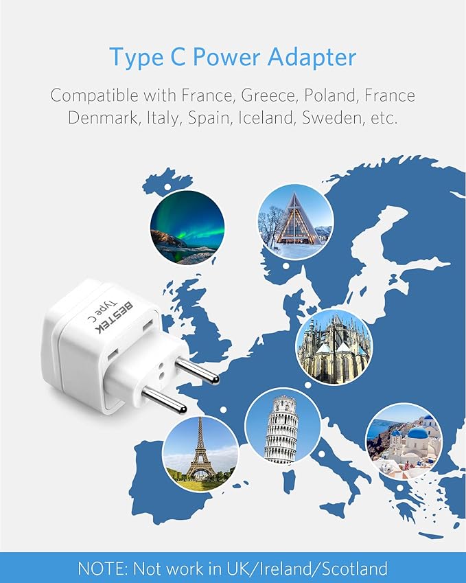 BESTEK European Travel Plug, Grounded Universal Power Plug for USA to Type C Countries, Italy, Switzerland, Iceland, France, Germany, Spain and Most of Europe EU, Asia, 3 Pack
