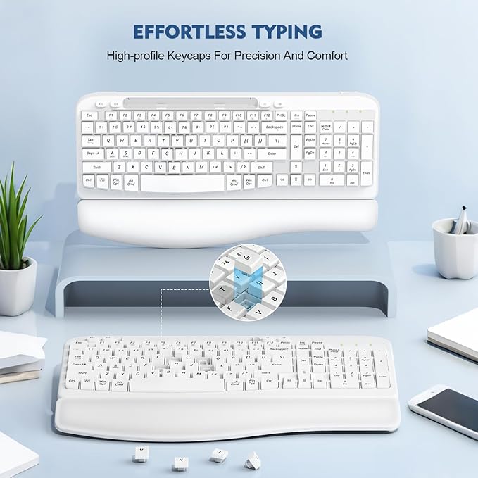 Ergonomic Wireless Keyboard with Cushioned Wrist Rest, Wave Keys, Phone Holder, Comfortable Natural Typing, 2.4GHz Full Size Cordless USB Computer Keyboard for Laptop, Mac, Windows (White)