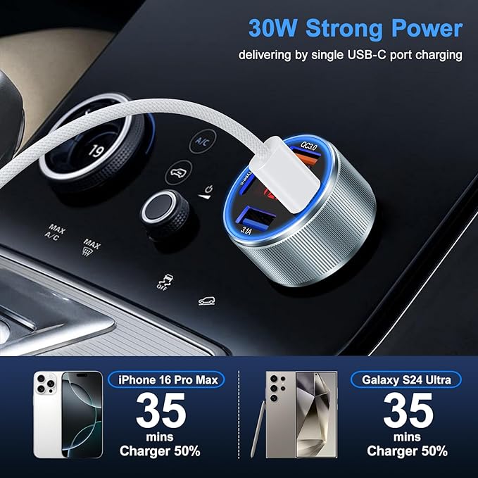 Car Charger USB C, Besgoods 65W 4-Port USB Cigarette Lighter Adapter with Voltmeter PD QC Fast Charging for iPhone 17 16 15 14 13 12 11 Galaxy S24 S23 A54 A15 Dash Cam Car Accessories, 2Pack