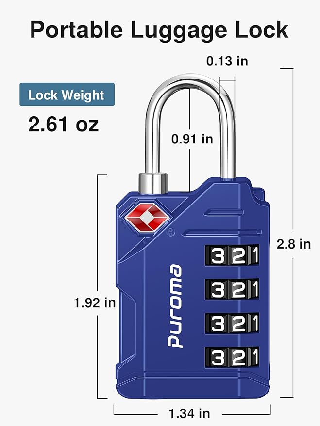 Puroma TSA Approved Luggage Locks, 2 Pack 4 Digit Resettable Travel Combination Code Lock with Zinc Alloy Body for Suitcase, Backpack, Laptop Bag, Gym Locker, Toolbox (Blue)