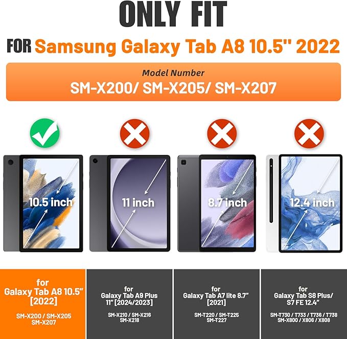 SEYMAC stock Case for Samsung Galaxy Tab A8 10.5'', Full-Body Drop Protection Case with Screen Protector Pencil Holder [360° Rotating Hand Strap] &Stand, Black