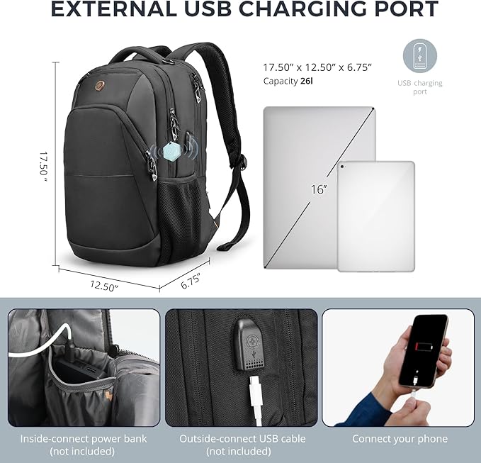 Swissdigital Design Business Laptop Backpack, College Laptops Backpack with USB Charging Port for Men and Women Fits 16 Inch Notebook, Black | ANDWIL