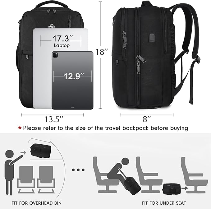MATEIN Carry on Backpack, Flight Approved Travel Backpack with USB Port, TSA Personal Item Travel Bag fits 17" Laptop, Large Water Resistant Luggage Overnight Weekender Bag for Men & Women, Black