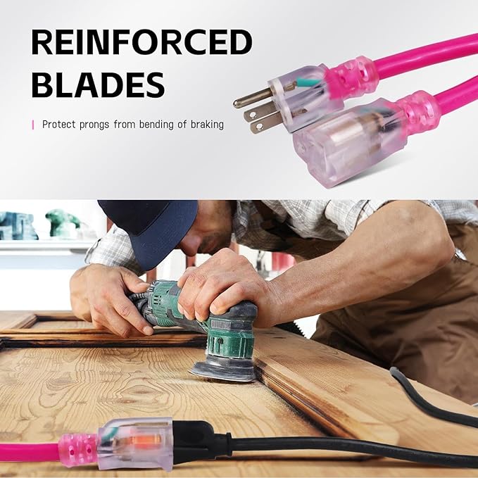 EP 6 Ft Outdoor Extension Cord with Lighted End, 12/3 Gauge SJTW Heavy Duty Extension Cable with 3 Prong Grounded Plug, 15AMP 1875W 12AWG, Pink, UL Listed