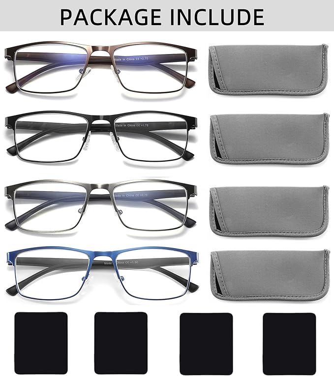 4-Pack Blue Light Blocking Reading Glasses for Men Stylish Metal Frame Readers with Comfort Spring Hinges Anti Glare UV Filter Eyeglasses, +1.5 STRENGTH