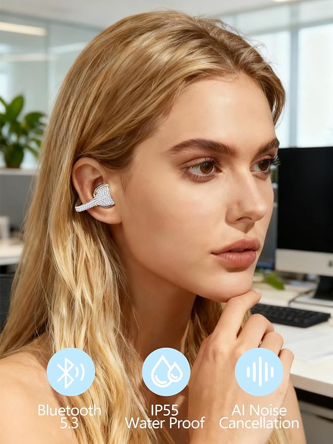 JewelPods C01 Wireless Earbuds,Open Ear Earbuds Jewelry-Inspired Designs Metal Clip-on,Excellent Spatial Audio,Sweat and Water Resistant,72H Play,White Gold