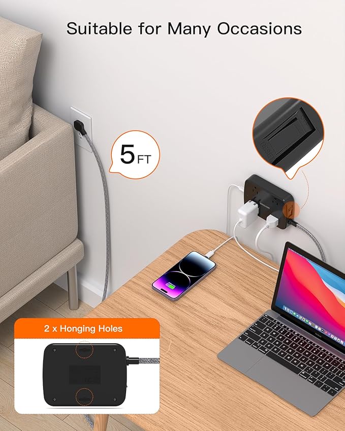 Surge Protector Power Strip with 2 USB C - BESHON 5 Ft Flat Extension Cord Flat Plug Power Strip, 4 Widely Outlets and 4 USB Charging Ports, 900 Joules, for Home Office Dorm Room Essentials, Black