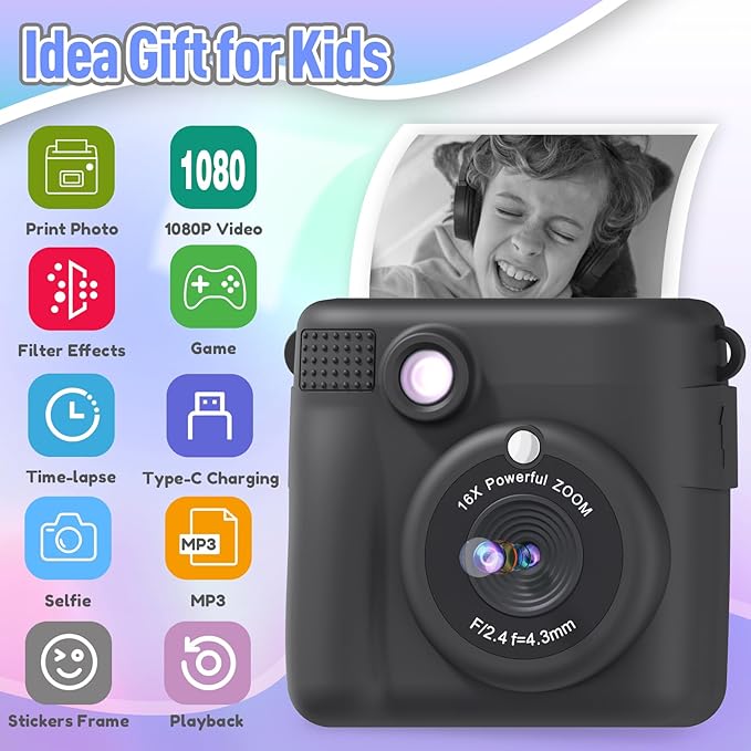 Kids Camera Instant Print, Christmas Birthday Gifts for Kids Age 3-12, Selfie Digital Camera with 1080P Videos,Toddler Portable Travel Cameras Toy for 4 5 6 7 8 9 Year Old Boys Black