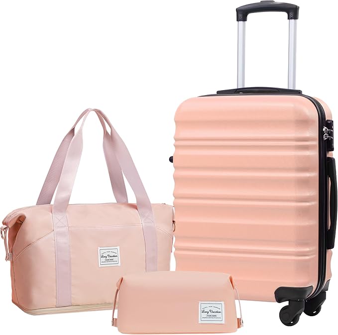 LONG VACATION Carry On Luggage Sets 3 Piece 20 Inch Suitcase Set, ABS+PC Hardshell Lightweight Travel Luggage with Spinner Wheels & YKK Zipper TSA Lock (PINK, 20 Inch)