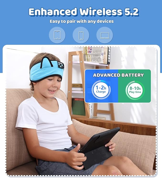 KIDSBAND Kids Headphones Bluetooth Headband Adjustable, Wireless Sleep Headphones for Kids with Wired Playback 3.5 MM Jack for Teens/Boys/Girls/Smartphones/School/Kindle/Airplane Travel/Plane/Tablet