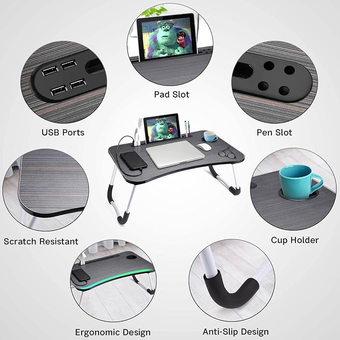 Slendor Lap Desk with Cup Holder, Foldable Laptop Table for Bed, Portable Bed Desk for Laptop and Writing, Computer Tray with Tablet Slot, Notebook Stand Reading Holder for Couch Sofa Floor,Black