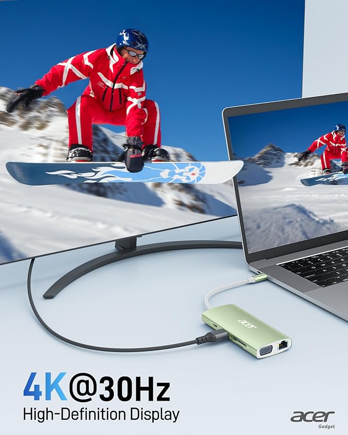 Acer USB C Hub with 4K HDMI, 9-in-1 USB C to Ethernet Adapter, 5Gbps USBA 3.0 Docking Station, VGA Splitter, SD Card Reader, PD 100W Charging for MacBook, Acer, Laptops, Surface and More (Green)