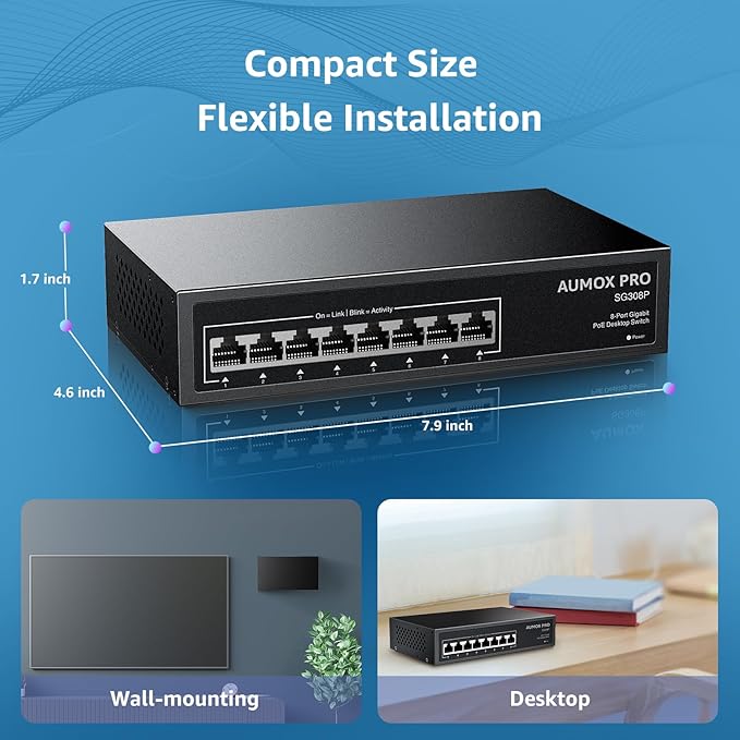 8 Port PoE Switch Gigabit 120W, Gigabit Unmanaged Ethernet Switch, Plug & Play, 802.3af/at Compliant, Metal Housing, 8-Port Network Switch for Home/Office Energy Efficient Silent Operation