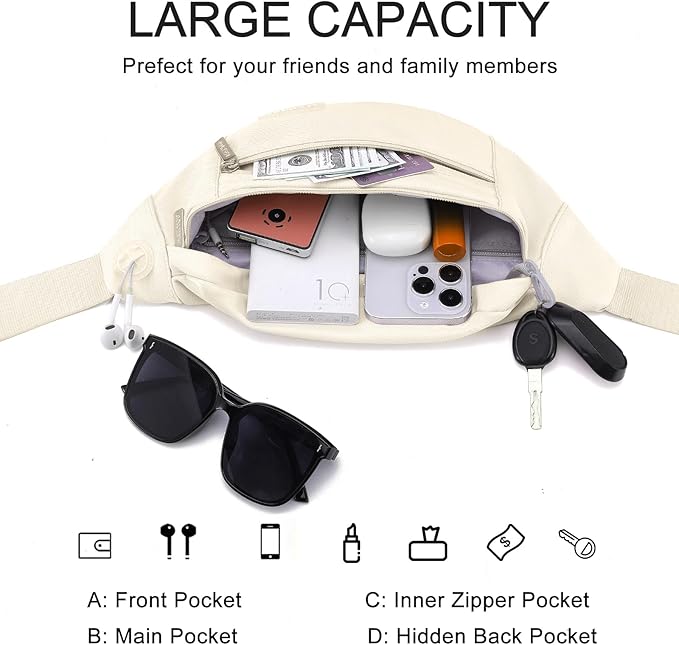 MAXTOP Large Crossbody Fanny Pack with 4-Zipper Pockets,Gifts for Enjoy Sports Festival Workout Traveling Running Casual Hands-Free Wallets Waist Pack Phone Bag Carrying All Phones