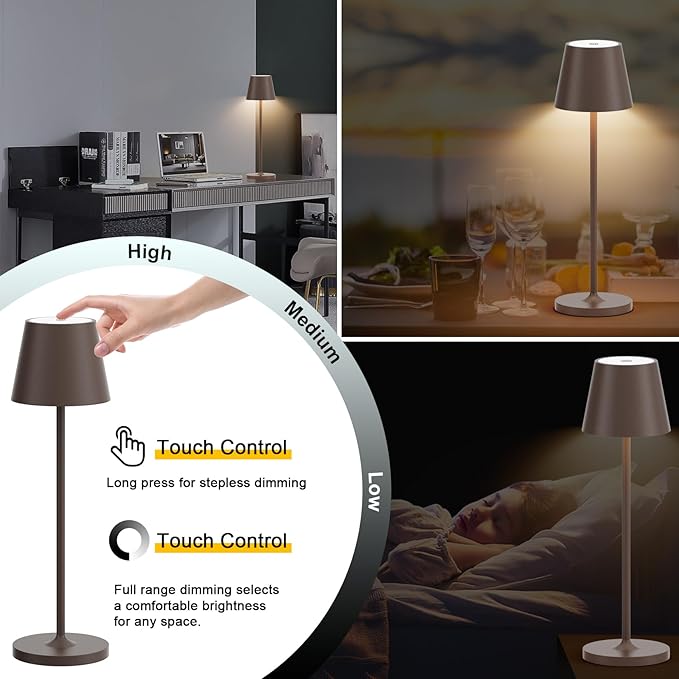 Ralbay IP54 Aluminum Cordless Rechargeable Table Lamp LED Modern Battery Operated 4800mAh Waterproof Portable Stepless Dimmable Desk Lamp for Restaurant/Bedroom/Camping/Outdoor (Rust-Coloured)