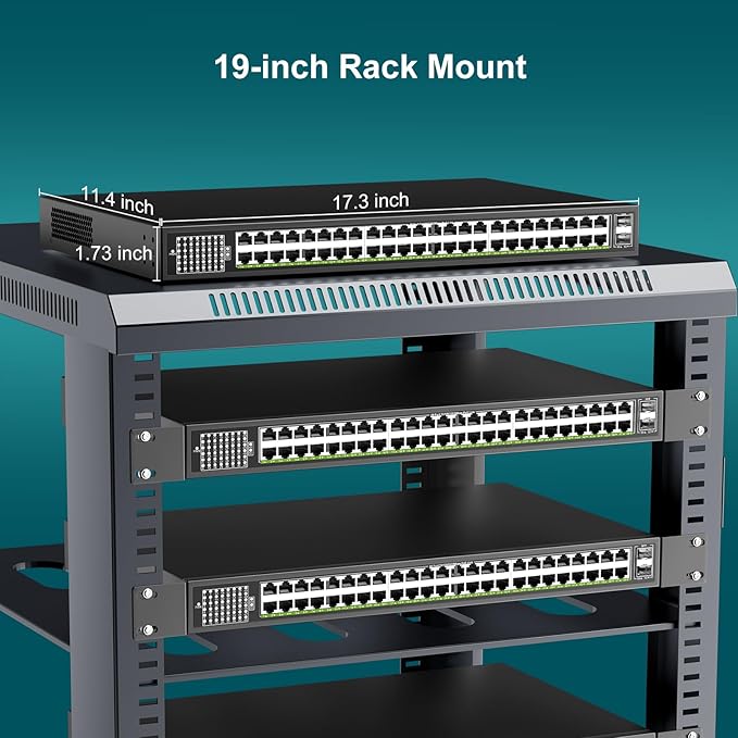 48-Port Gigabit PoE Switch Unmanaged with 2X 1000Mbps Uplink SFP Port, VIMIN 50-Port PoE Ethernet Switch Support IEEE802.3af/at, 400W Power, 100Gbps Switch Capacity，Plug and Play, Rack-Mount