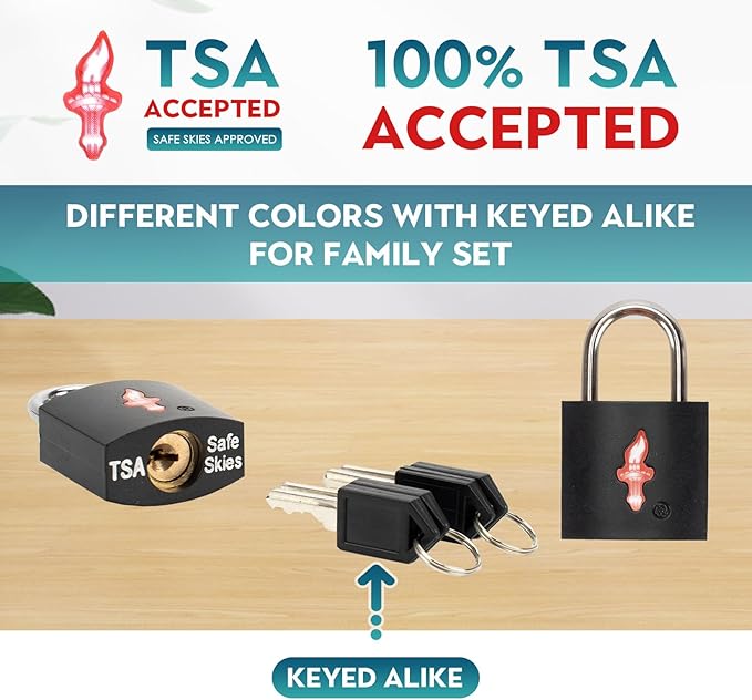 TSA Approved Locks for Luggage,TSA Keyed Travel Locks | 8 Keys, Lightweight Brass Padlocks with Rubber Coating for Suitcases, Bags, Backpacks (4 Pack Black+Blue)