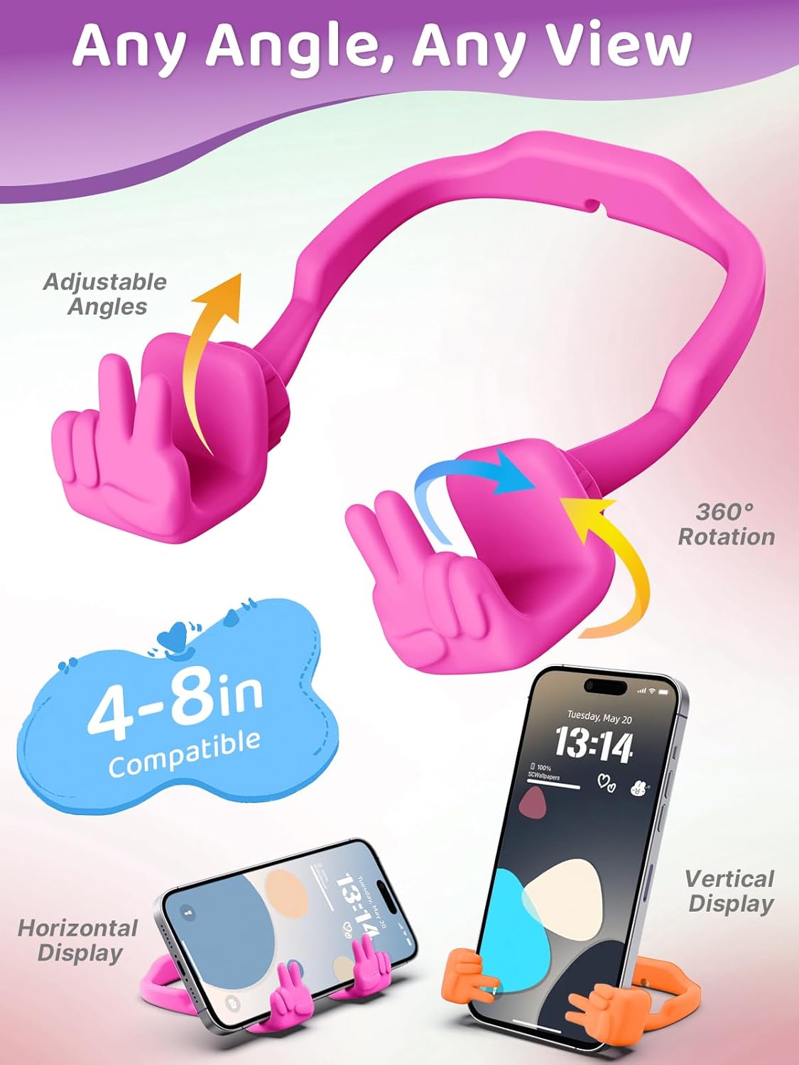 Stocking Stuffers for Teens Girls Boys Kids Cell Phone Stand: 2 Pack Upgrade Adjustable Peace Sign Thumbs Lazy Phone Holder for Desk Gadget Birthday Gifts for Women Men Adults (Hot Pink&Orange Yellow)