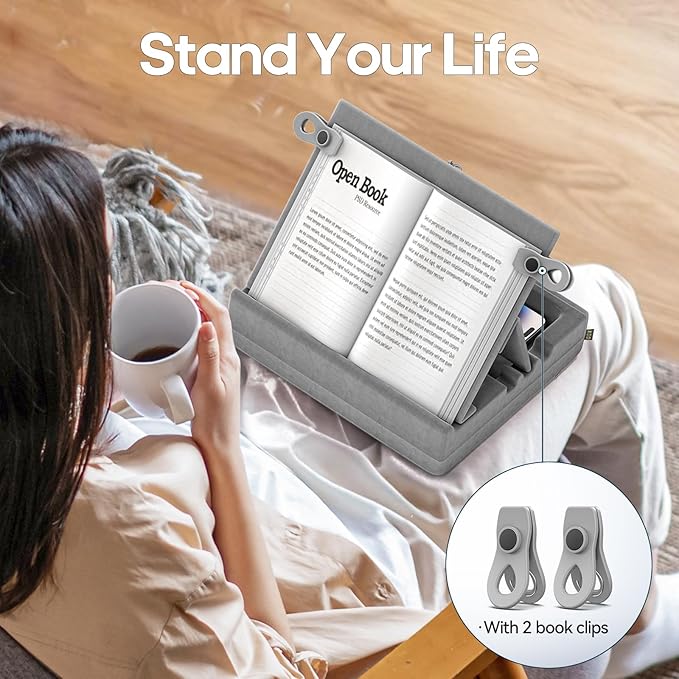 KDD Book Stand with Storage, Multi-Angle Viewing Reading Tablet Holder for Lap, Bed, Desk and Couch, Foldable I-pad Pillow Holder with Organizer Tray for Book,Tablet, Cell Phone, E-Reader (4.7"-15")