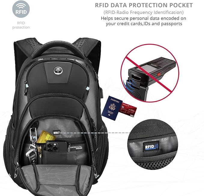 Swissdigital Design TSA Business Laptop Backpack for Men, Large Capacity Travel Backpack with Apple Find My Network and USB Charging Port Tech Backpacks Fits 17 Inch Computer Black| SD1643FB-01