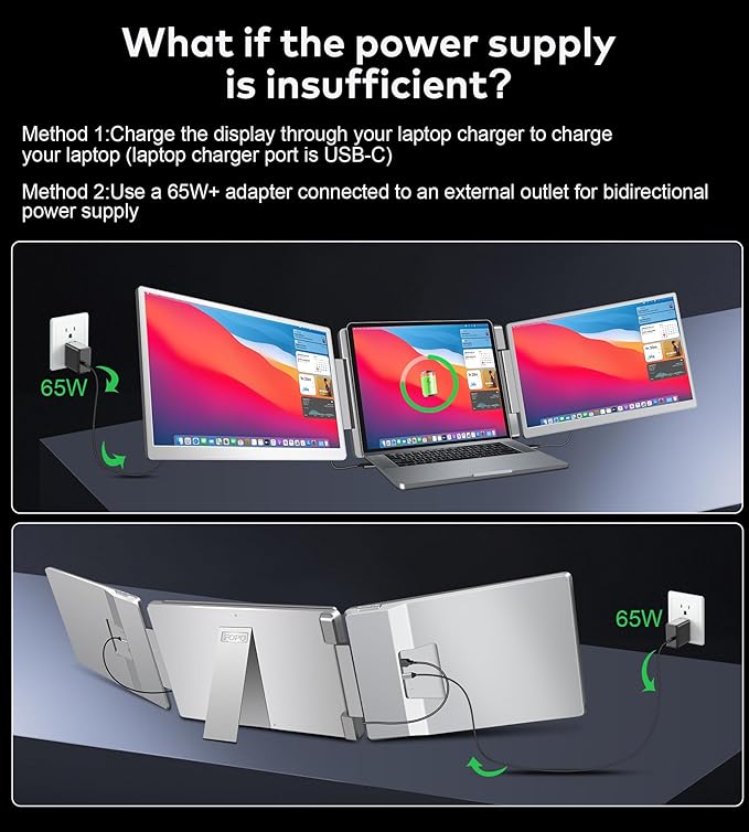 FOPO Portable Monitor for Laptop - 16” FHD 1200P Triple Monitor Laptop Screen Extender with HDMI and USB-C Connectivity for Effortless Multitasking-S11