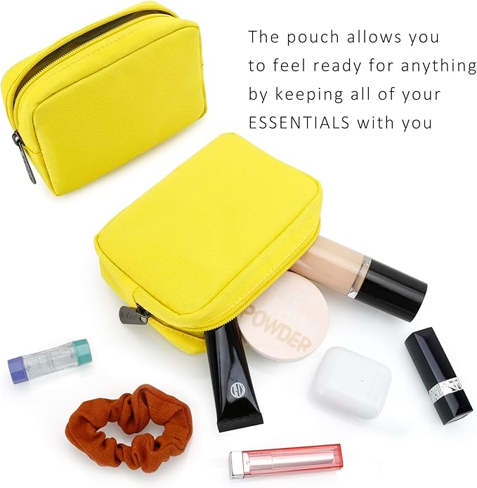 E-Tree Cute Small Makeup Bag,Cosmetic Toiletry Skin Care Make up Little Items Pouch for Purse,Zipper Mini Tech Charger Cable Electronic Organizer Case,Travel Accessories for Women Men Teen,Yellow