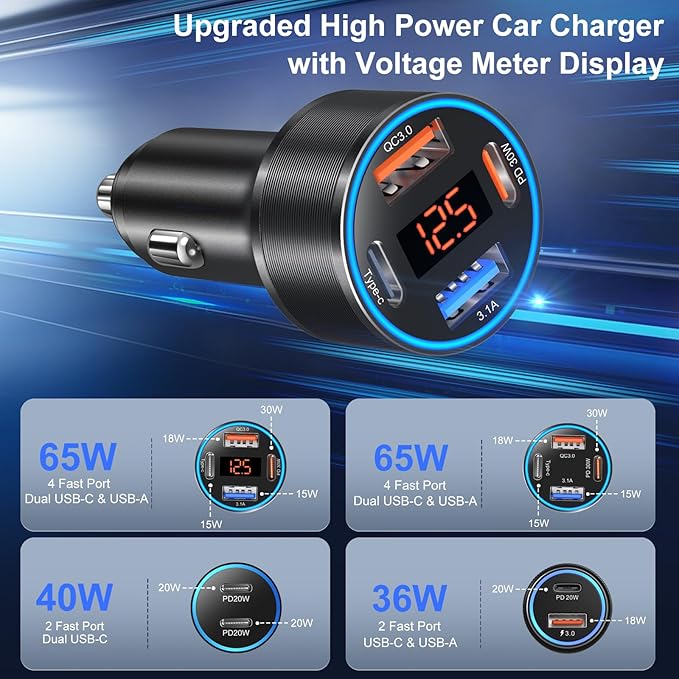 3 Pack USB C Car Charger, 4-Port 65W Dual 12V USB-A & USBC Cigarette Lighter Adapter Plug with Voltmeter PD/QC 3.0 Fast Charging Car Phone Charger for iPhone 17 16e 15 14 13 12 Pro Max, Android-Black