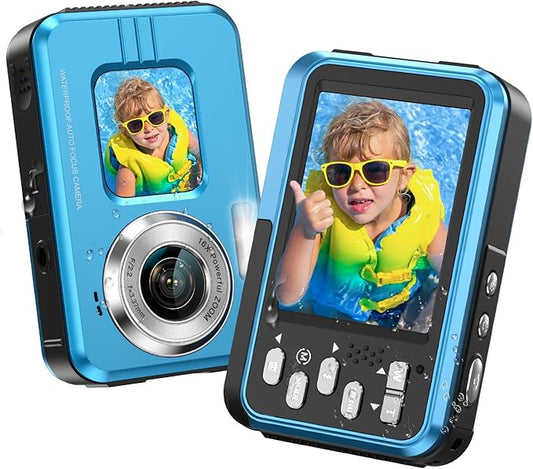 4K Underwater Camera Snorkeling 11FT Waterproof Camera 64MP Autofocus with 32GB Card Dual Screens Selfie 16X Zoom Floatable Compact Digital Camera Waterproof with 2 Batteries (Blue)
