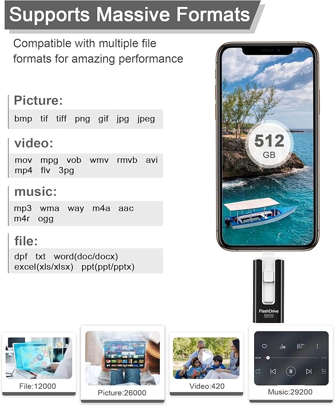 USB Flash Drive 512GB, Photo Stick Memory External Data Storage Thumb Drive Compatible for Phone, Pad, Android, PC and More Devices (Black)