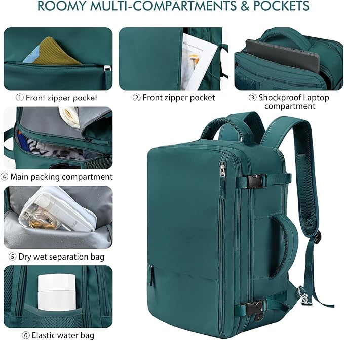 Beraliy Travel Backpack, Carry on Backpack, Airline Approved Personal Item Bag, 16 Inch Laptop Backpack, Waterproof Hiking Daypack Backpack, Weekender Bag, Peacock Blue