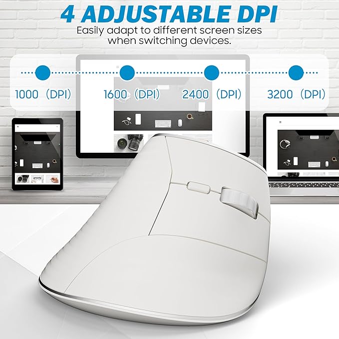 Wireless Vertical Ergonomic Mouse, Multi-Device(Bluetooth + 2.4G Connection), 4 Adjustable DPI, 7 Buttons Computer Mouse for PC, Laptop, Desktop, MacBook - White