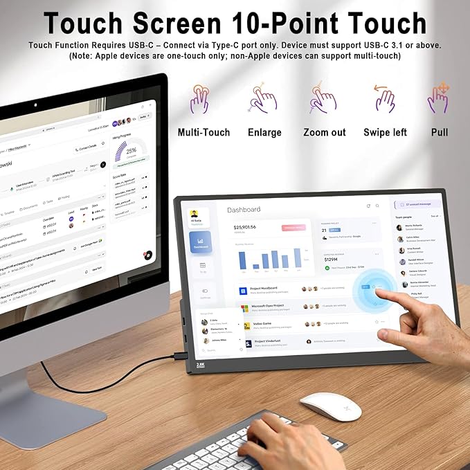 2.5K 100Hz Portable Monitor Touchscreen, 15.6'' QHD 2880x1620 300 Nits 100% sRGB IPS Gaming Monitor w/VESA HDR FreeSync Eye Care USB-C HDMI External Second Screen for Laptop PC Phone Switch PS5 Xbox