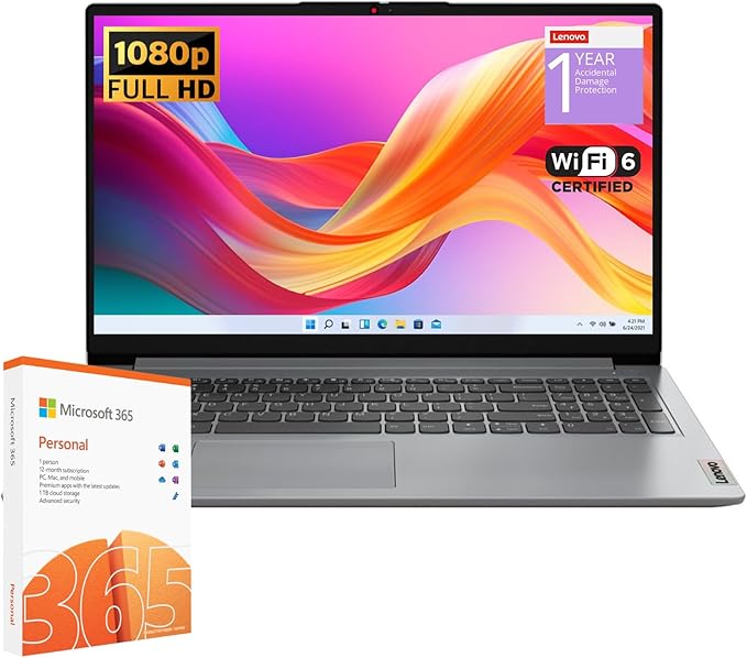Lenovo IdeaPad 1 Student Laptop, Intel Dual Core Processor, 36GB RAM, 2TB SSD + 128GB eMMC, 15.6" FHD Display, 1 Year Office 365, Windows 11 Home, Wi-Fi 6, Webcam, Bluetooth, SD Card Reader, Grey