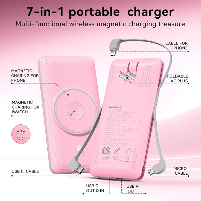 Magnetic 10000mAh Portable Charger for iWatch & iPhone, 22.5W USB C Fast Charging Wireless Power Bank Built-in Cables and Wall Plug, External Travel Battery Pack Compatible with iOS Android Devices