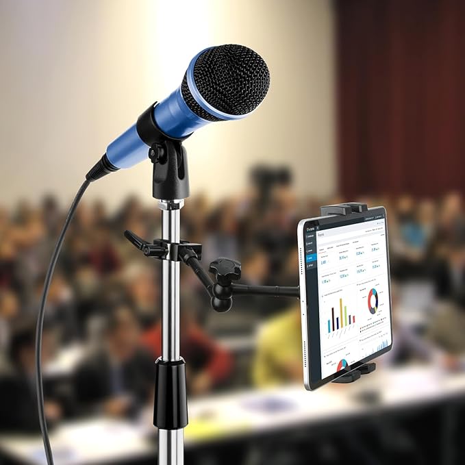 iPad Holder for Microphone Stand/Mic Music Stand,Tablet Mount Compatible with 4.7~12.9" / Nexus/LG G Pads/e-Reader/Switch/iPhone,360° Adjustable 10" Long Aluminum Alloy Arm
