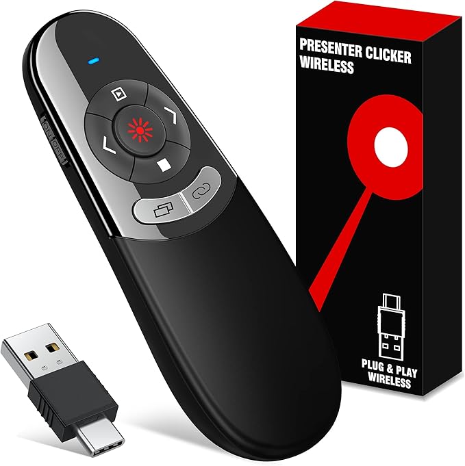 2 in 1 USB Type C Presentation Clicker with Red Light Pointer, Wireless Presenter for PowerPoint Presentation PPT Clicker, 2.4GHz Presenter Remote Slide Advancer for MacBook/Computer/Laptop