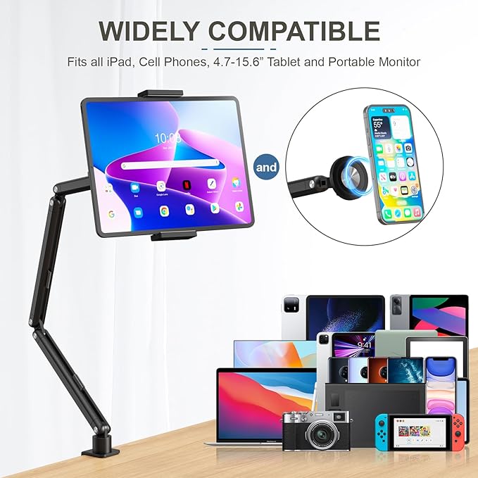 Tablet Stand Holder, Foldable iPad Holder Arm with 360°Rotate Base, Tablet Desk Mount with Magnetic and Clamp, iPad Stand for Desk, Compatible with Tablets, Phones or Other 4.7-15.6" Devices